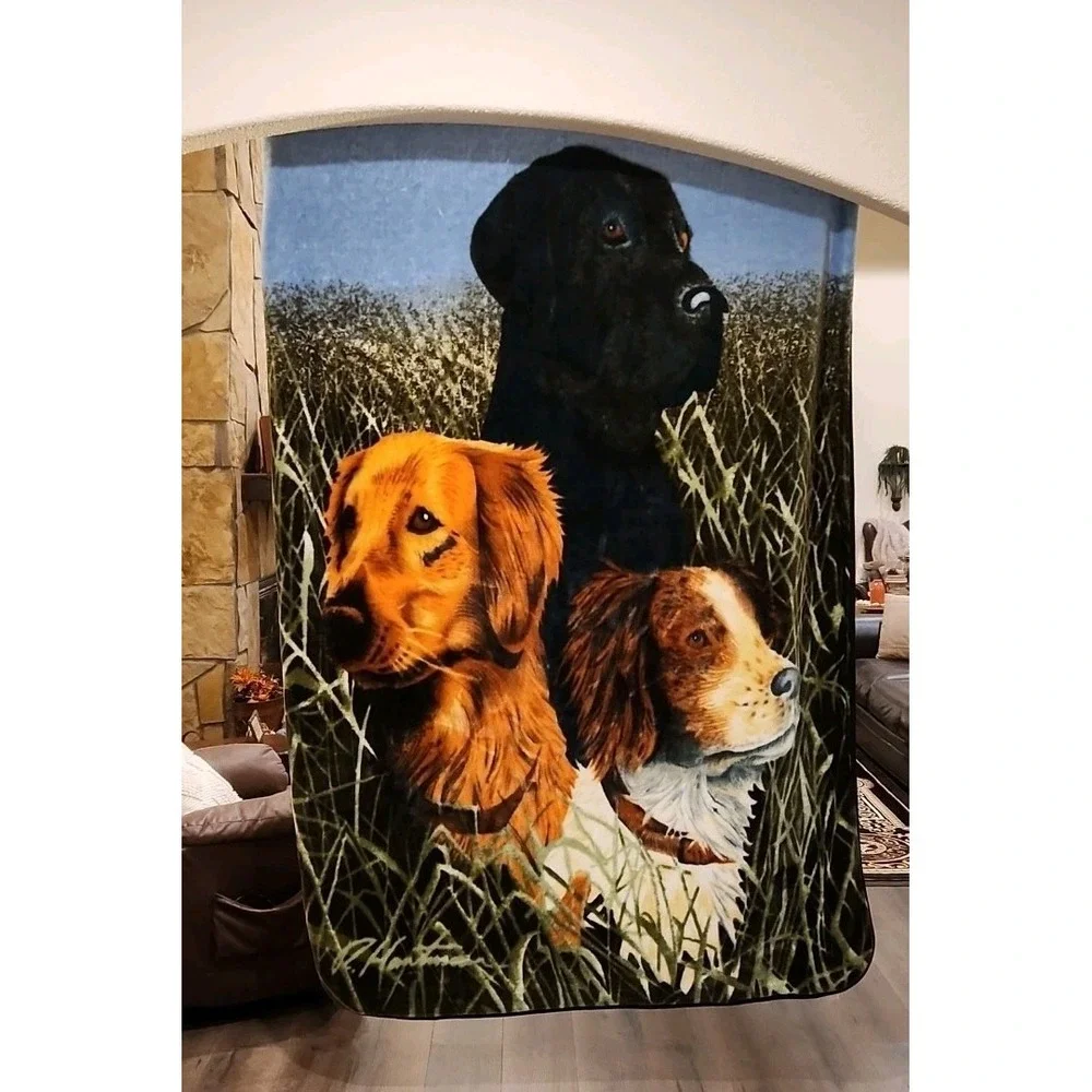 Vintage Throw Blanket 7 Ft X 5 Ft Black & Golden Lab, Springer Spaniel Dbl Sided